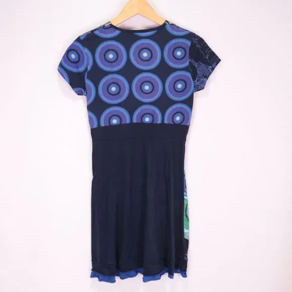 Y2K Desigual Dress Women EU L/US Medium Mixed Print Blue Graphic Silver V Neck - Picture 2 of 10